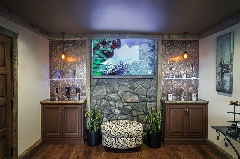 kitchen with rustic stone wall